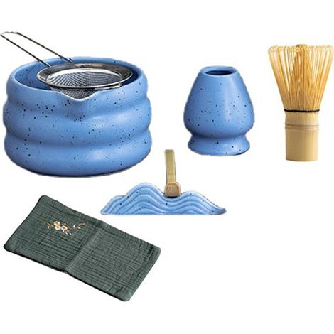 Set, colour: blue, material: ceramic + bamboo, 7-piece Japanese matcha tea set, Japanese ceramic sand pattern. (1/5)