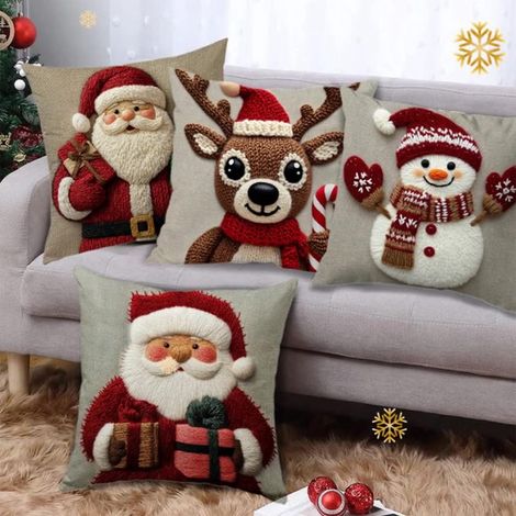 Housse De Coussin De Noël - Motif Animal Cerf Lapin - Lin - 45x45 Cm - Décoration Festive Pour Canapé Chambre - Lot De 4 (1/5)