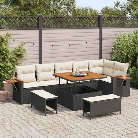 Salon de jardin 9 pièces avec canapé modulable, table et poufs en polyrotin noir, 79.6kg - PANGIVO (1/5)