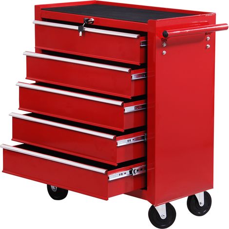 5 Drawer Tool Chest on Wheels, Lockable Steel Tool Trolley Side Handle for Workshop, Garage, Red (1/5)