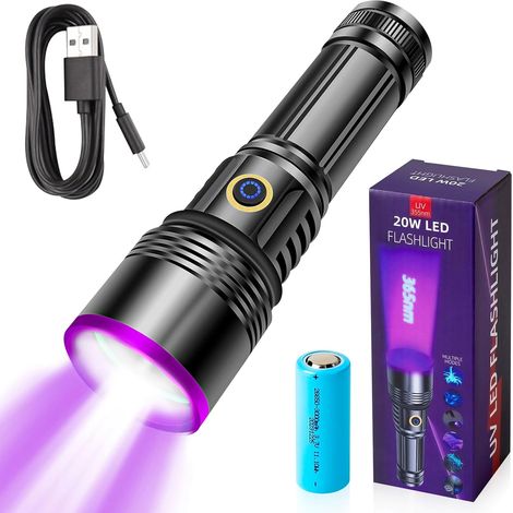Linterna UV de 365 nm, lámpara UV recargable de 20 W, linterna de luz negra, linterna LED UV para trazadores fluorescentes, detector de alfombras para perros y gatos, detector de orina, detector de es (1/5)