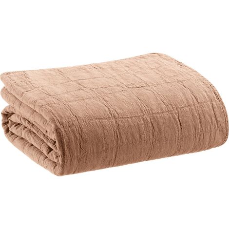 Grand jeté de lit et canapé en tissu recyclé coloris Dragée, plaid 260 x 260 cm - PANGIVO