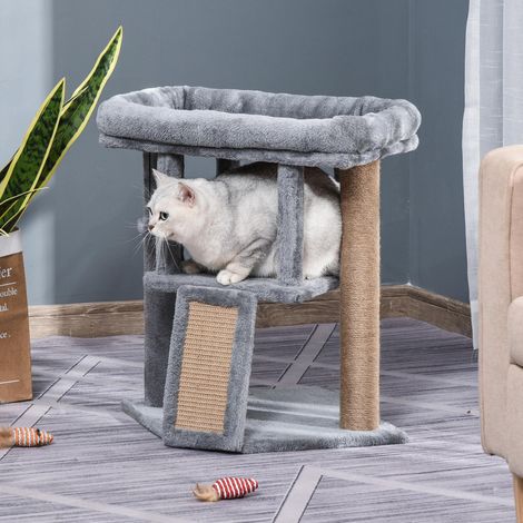 Arbre à chat 57 cm. Petite tour à chat avec grotte, balle de jeu, grande plateforme, griffoir et arbre à chat, pour chats jusqu'à 5 kg. Gris clair.