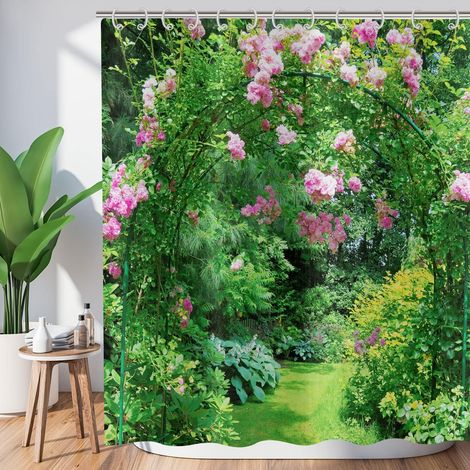 Rideau de Douche 3D Fleurs 180x200, Vert Feuilles Rose Fleur Jardin Italien Paysage Naturel, Baignoire Imperméable en Polyester Tissu Lavable (1/5)