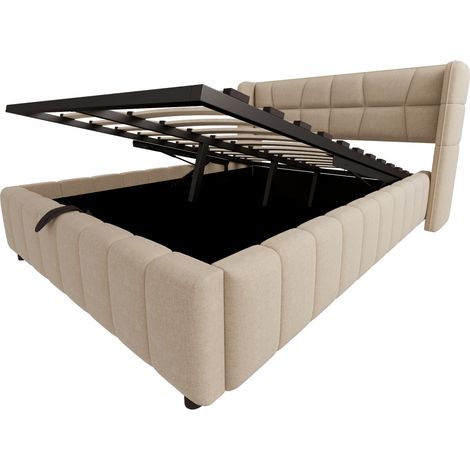 Lit coffre capitonné beige 140 x 200 cm avec tête de lit et sommier métallique HOMVRA (1/5)