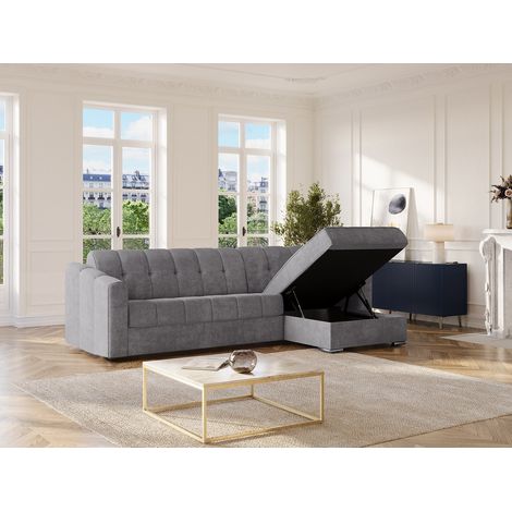 Canapé d'angle réversible convertible express en tissu texturé gris - Couchage 140 cm - Matelas 18 cm - DARIELO (1/4)