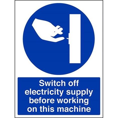 Machine panneau, en plastique rigide, "Interrupteur Alimentation avant de travailler sur cette Machine, Portrait, 300 mm x 400 mm, bleu