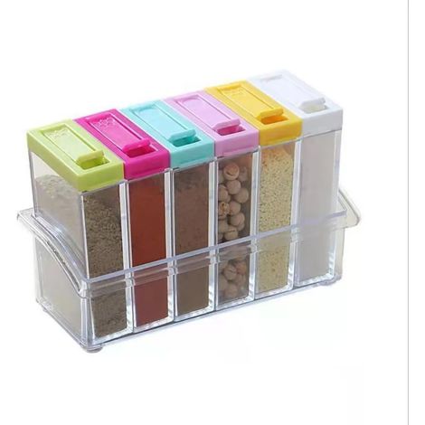 Ensemble de 6 pots à épices, salières et poivrières, boîte à épices de camping, en plastique transparent avec plateau, pour ranger le sel et le poivre de cuisine, les épices et les assaisonnements. (1/5)