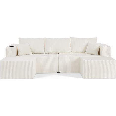 Sofá Esquinero Modular de 3 Plazas, Otomanas Móviles, Portavasos, Bolsillos Laterales, Cojines, Espuma, Beige (1/5)