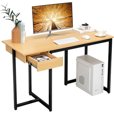 Scrivania per computer 120cm con cassetto, Scrivania per ufficio con struttura in metallo piedini regolabili Naturale (1/4)