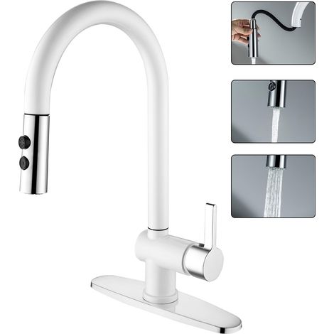 Robinet d'évier de cuisine double fonction avec douchette extractible, arc, pivotant à 360°, robinet mitigeur d'eau en blanc mat/finition chromée (1/5)