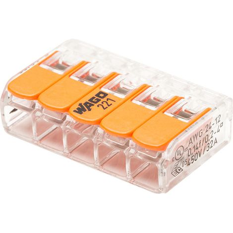 Wago – Cosse électrique S221 5 entrées 32A – CAGE CLAMP® pour fils 0.14 à 4 mm² – Boîtier transparent avec 2 points de test – Tension 405V (1/3)