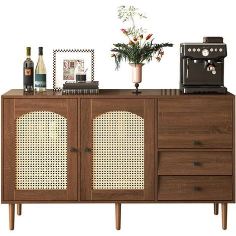 Buffet 130x80x40, rangement modulable portes rotin buffet, style campagne, fermeture magnétique (1/5)