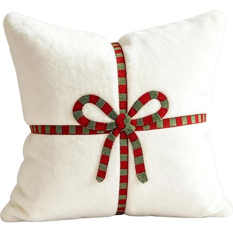 Housses de Coussin Décoratives Noël 45 x 45 cm, Design Nœud, Revêtement Doux pour Canapé Salon Chambre Hiver(Blanc) (1/5)