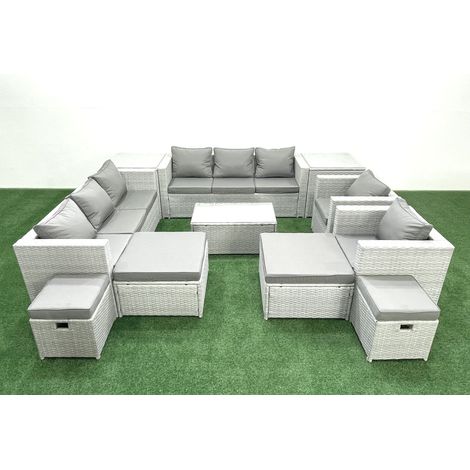 Fimous 11 Pièces Salon de jardin Canapé de jardin avec Fauteuil Table basse 4 Tabourets 2 Tables d'appoint Gris clair mixte (1/5)
