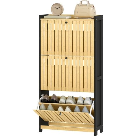 Meuble à chaussures 18 paires, 3 tiroirs rabattables, portes en bambou, 60x24x118 cm, noir et bois naturel (1/5)
