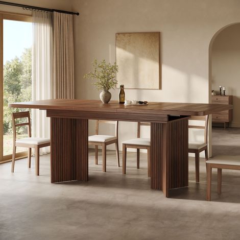 Table à manger extensible 120-160 cm - Table rectangulaire avec pieds en V rainurés, plateau MDF, effet noyer (1/5)