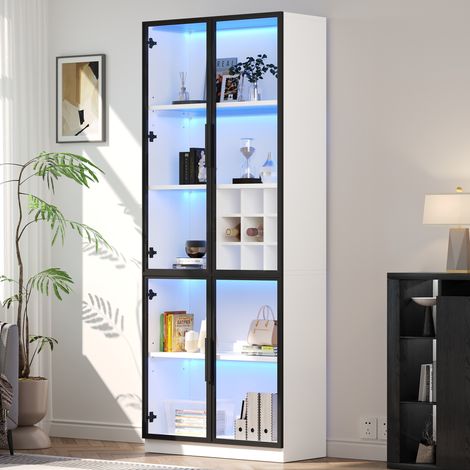Tkopy - Vitrines au sol, vitrines à portes vitrées, armoires hautes, bibliothèques, caves à vin, vitrines avec éclairage LED, étagères en verre, 80x35x200 cm, vitrines blanches (1/5)