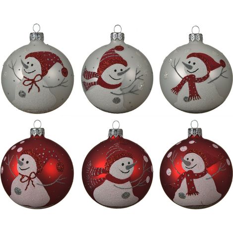 Palline per albero di natale in vetro color Bianco con Pupazzo di Neve da 8 cm, confezione da 6 pezzi