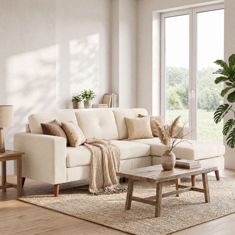 Canapé d'angle 192 cm en forme de L, 3 places, avec méridienne réversible, aspect velours côtelé, idéal pour les petits espaces, blanc crème
