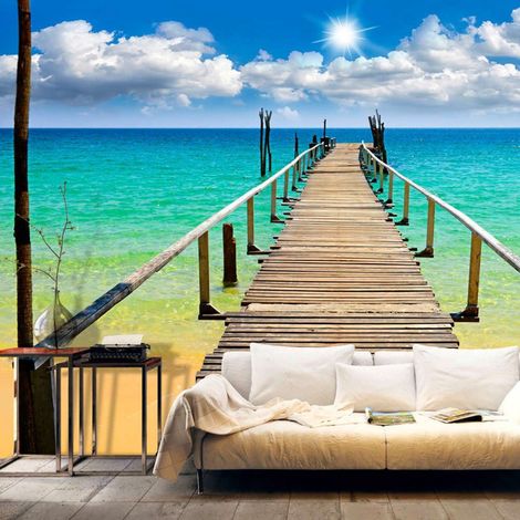 Papier peint plage, soleil, jetée - 200 x 140 cm
