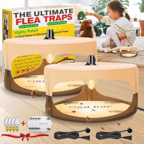 Pack of 2 indoor flea traps, sticky flea trap, flea treatment with lightweight refills and adhesive pads, improved electronic flea trap, bombs (1/5)