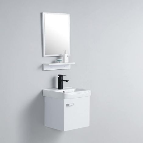Rue Du Bain – Meuble suspendu salle de bain MDF blanc – Vasque céramique rectangulaire 43x35,5 cm – Dimensions 40x35,5x40 cm – Fixation murale incluse