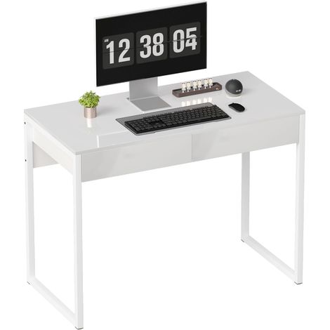 Scrivania Moderna con 2 Cassetti e Gambe in Acciaio, 100x50x75 cm, Bianco Lucido