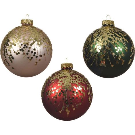 Sfera di Natale in Vetro color Perla - Verde - Rosso decoro Oro - 8 cm (1/3)