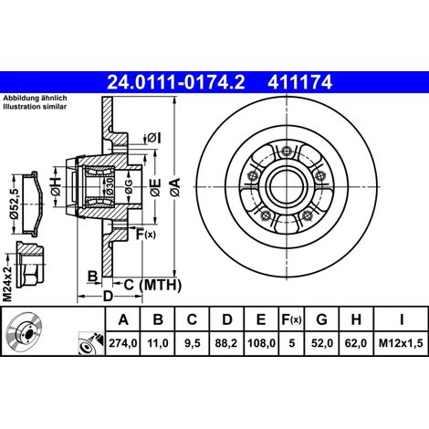 Lot de 2 Disques de frein ATE 24.0111-0174.2 RENAULT 82 00 381 148