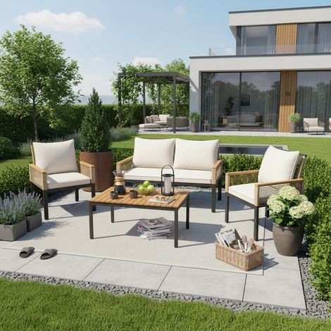 Salon de jardin, Salon de jardin bas 4 places pour extérieur terrasse et balcon, Ensemble repas de jardin en résine tressée et acier avec coussins d'assise, Canapé double 2 fauteuils et table basse, B
