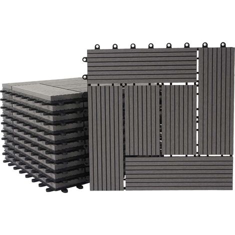 Carrelage de sol WPC balcon terrasse aspect bois 11 pièces 30x30cm 1m² décalage en teck gris 040005439