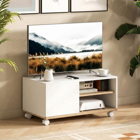 Tablette TV sur roulettes avec freins, meuble TV avec armoire et plateau réglable, blanc et chêne (1/5)