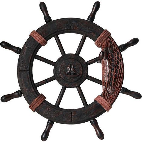 Roue de bateau en bois de style méditerranéen avec gouvernail en bois (1/5)