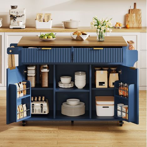 Küchenwagen auf Rollen 143 x 45 x 89,5 cm mit klappbarer Arbeitsplatte, blau HAVRYA (1/5)