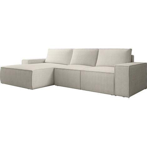 Grand canapé d'angle gauche convertible en velours côtelé beige AMELIA (1/5)