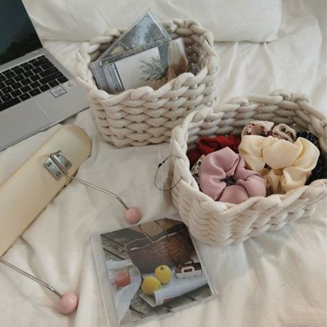 Panier de rangement en corde de coton blanc - Corbeille à organisateur de bureau simple pour clés, portefeuille, cosmétiques - Tissé artisanal - Grande capacité - Bord poli sans bords tranchants (1/5)