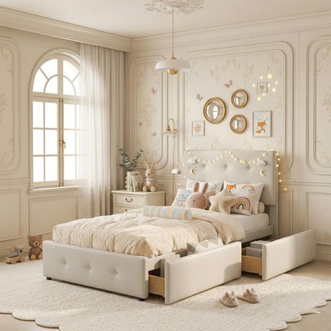 Cama con cajones 90x200, cama individual con 2 cajones, canapé de láminas de madera, cabecero de altura ajustable, terciopelo, Beige (1/5)