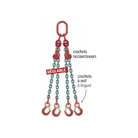 Élingue chaîne Grade 80 - 4 brins réglables Ø8 mm CMU 4,25 T - 4 mètres LEVAC Réf. 4349AA
