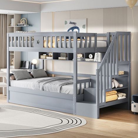 Lit d'enfant - Lit superposé - 90 x 200 cm - Bois gris - Escalier avec rangements (1/5)
