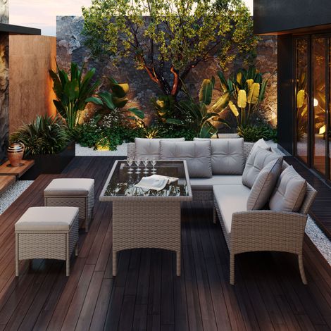 7-seater Garden Dining Set, sofa, and stools, steel structure, UV-resistant PE rattan, tempered glass, removable and washable cushions, khaki (1/5)