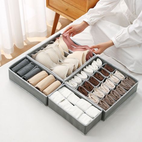 Paquet de 4 organisateurs de tiroirs de commode, boîte de rangement pliable gris (1/3)