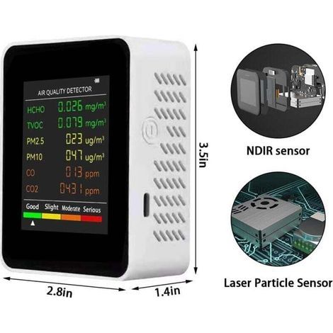 Détecteur de qualité de l'air multifonctionnel 6 en 1 : PM2.5, PM10, HCHO, TVOC, CO, CO2, dioxyde de carbone et formaldéhyde. Grand écran LCD. Testeur de bureau portable pour la maison, le bureau et l (1/4)