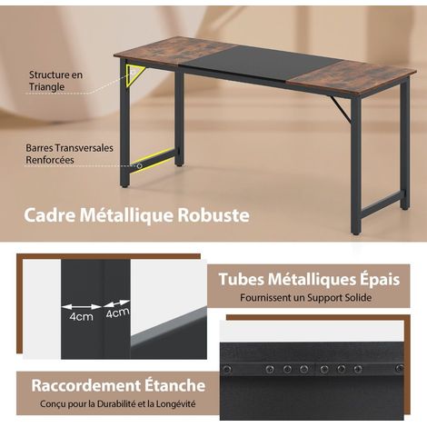 Bureau informatique industriel marron 160 x 60 cm avec cadre métallique renforcé et pieds réglables pour bureau et chambre (1/5)