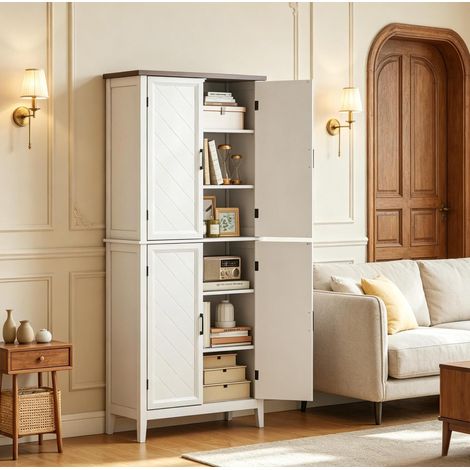 6-stöckiger Küchenschrank mit 4 Glastüren, 4 verstellbaren Einlegeböden, MDF, Weiß HAVRYA (1/4)