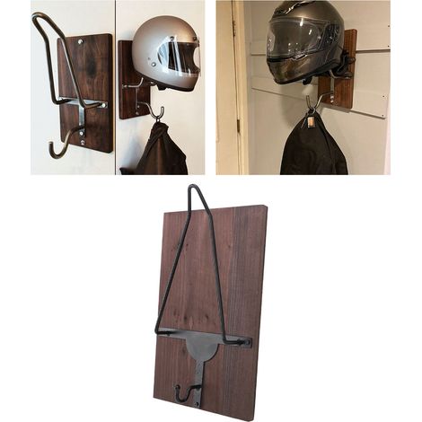 Porte-étui mural pour casque moto avec support bois et métal et crochet pour vestes - Porte-casque mural multifonction (1/5)