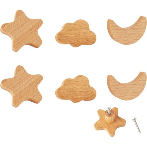 6 boutons meuble bois massif motif lune/nuages/étoiles, décoration naturelle pour porte, tiroir (1/4)