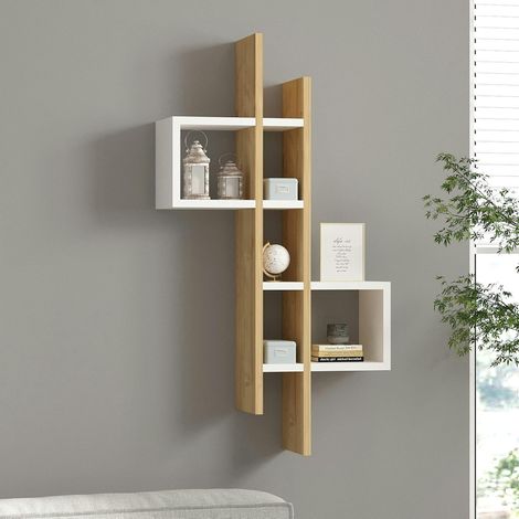 Etagère murale design bicolore, effet chêne et blanc MARFA (1/5)