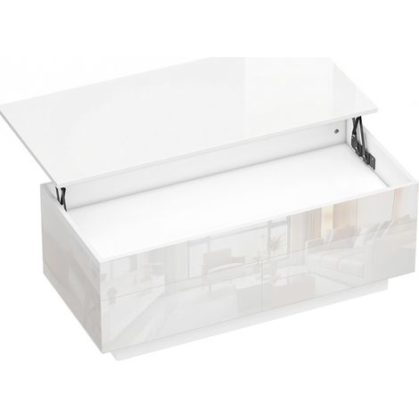 CHICFURN Tavolino da salotto elevabile 102x48 cm bianco lucido con vano nascosto e 2 cassetti (1/5)