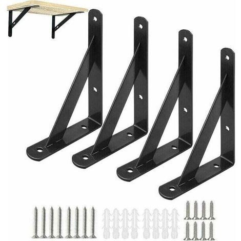 Quatre supports d'étagère muraux noirs de 15 cm, supports triangulaires en fer noir, avec vis, adaptés aux étagères décoratives de cuisine et de chambre, aux meubles, aux armoires murales, etc. (Fonep (1/4)